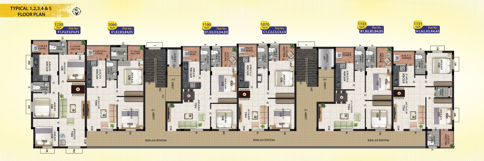 Typical floor plan for floors 1 to 5